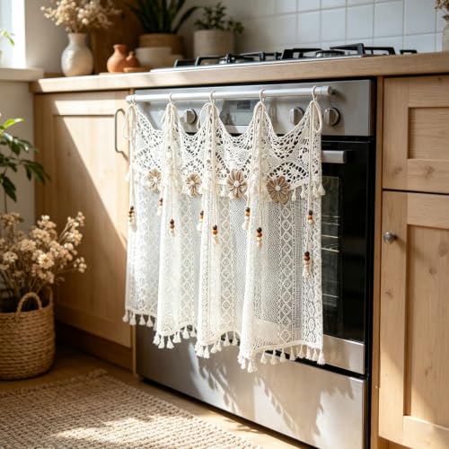 Boho Crochet Lace Sheer Curtain Valance for Window Kitchen Doorway Entryway - size: 43"W x 20"L (Pack of 1)