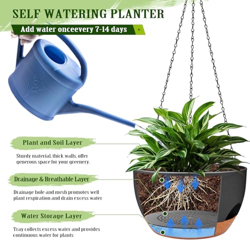 12 Inch Self Watering Hanging Planters with Removable Reservoir, 2 Pack - color: Black, size: 12 Inch