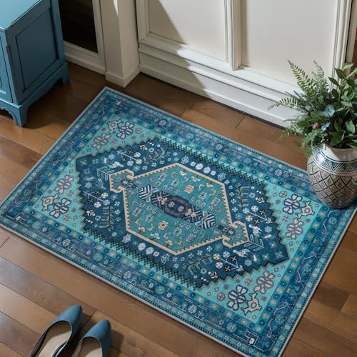 Ciicool 2x3ft Small Area Rug,Washable Boho Thin Mat for Entryway Kitchen - color: Teal, size: 2' X 3' (Rectangular)