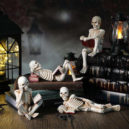Sosation 4 Pcs Halloween Reading Skeleton Figurines with Books for Shelves