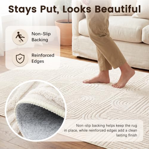 Etwel 5x7 Beige Modern Geometric Textured High-Low Pile Washable Area Rug - color: Neutral Beige, size: 5' x 7'