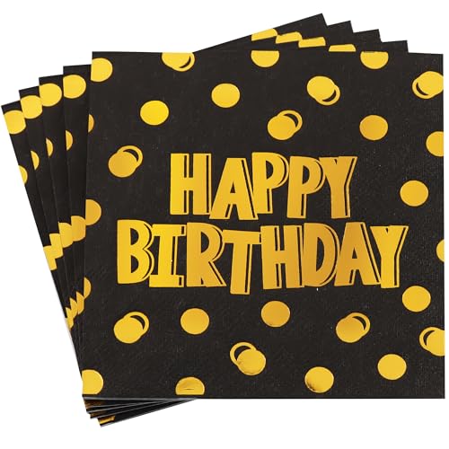 Vuzvuv 52 Pack Birthday Cocktail Napkins with Cute Dots Gold Stamping - Happy Birthday Party Dinner Hand Napkin for Party Supplies Decorations Table Decor for women man(5" Folded 3 Ply-Black) - color: Polka Dot Black