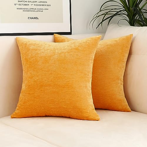 Jeneoo Gold Yellow Decorative Throw Pillow Covers Soft Chenille Comfy Solid Mustard Couch Cushion Case Decor (Set of 2, 18 x 18 Inches) - color: Gold Yellow, size: 18" x 18" (Pack of 2)
