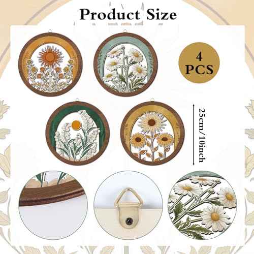HPNIUB Vintage Flower Wall Decor, Farmhouse Sunflower Daisy Geometric Hanging Wooden Wall Art, 4 Pieces 10''x10'' Minimalist Boho Sun&Floral Wood Sign for Girls Bedroom Living Room Office - color: Vintage flower