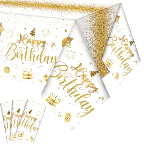 Tudomro 3 Pcs Plastic Happy Birthday Party Tablecloths,White Gold - color: White Gold