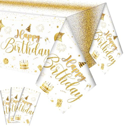 Tudomro 3 Pcs Plastic Happy Birthday Party Tablecloths,White Gold - color: White Gold