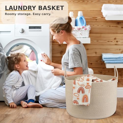 XUANGUO 66L Large Blanket Basket, Round Cotton Rope Basket, Oatmeal - color: Oatmeal