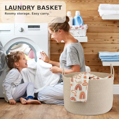 XUANGUO 66L Large Blanket Basket, Round Cotton Rope Basket, Oatmeal - color: Oatmeal