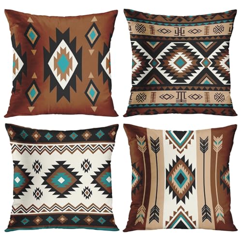 Throw Pillow Covers, Western Teal, Set of 4, 18"x18" - color: Southwestern Tribal 2
