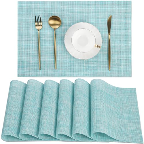 SHACOS Placemats Set of 6 Woven Vinyl Place Mats Wipeable Heat Resistant Washable Table Mats Indoor Outdoor, Blue - color: Blue, size: Set of 6