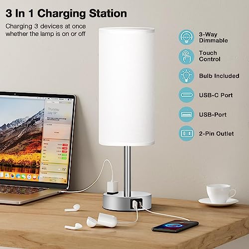 Fenmzee White Bedside Lamp for Bedroom, Dimmable Touch, USB A+C, AC Outlet - color: White - Silver, size: 14"