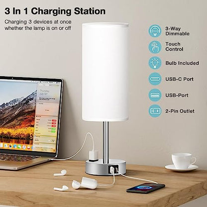 Fenmzee White Bedside Lamp for Bedroom, Dimmable Touch, USB A+C, AC Outlet - color: White - Silver, size: 14"