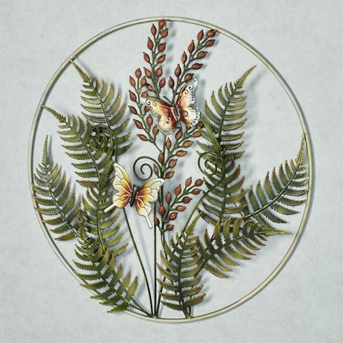 Fern Leaf Nature Metal Wall Sculpture | Handpainted Green, Brown, Ivory, and Gold Earth Tones | Dimensional Textured Botanical Fern Frond Round Wall Art | Textured Metallic Butterfly Circle Wall Decor