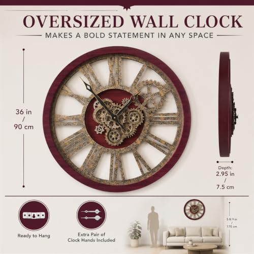 The B-Style Large Wall Clock 36 inch Moving Gear Wall Clock Oversized Vintage Farmhouse Wall Clocks for Living Room Decor Rustic Industrial Wood Clock (Cherry red and Bronze, 36 inch/90cm) - color: Cherry Red and Bronze, size: 36 inch (90 cm)