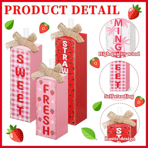 MiniInflat 3 Pcs Summer Strawberries Table Decor, Fruit Wooden Block Sign - style: Strawberries