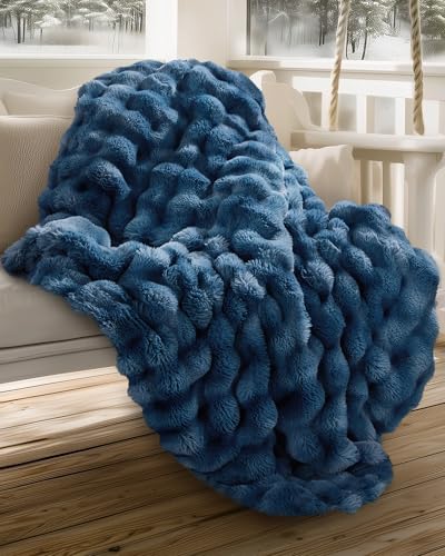 Ultra Soft Cozy Faux Fur Throw Blanket, Fuzzy Plush Thick Bubble Blanket, Oversize Luxury Fluffy Blanket for Couch, Sofa, Bedroom, and Living Room,50x60 Inches,Blue - color: Blue, size: Throw(50" X 60")
