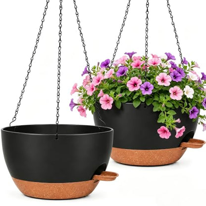 12" Self Watering Hanging Planters with Chains, Black Brown，2 Pack - color: Black Brown, size: 2 pack 12 inches