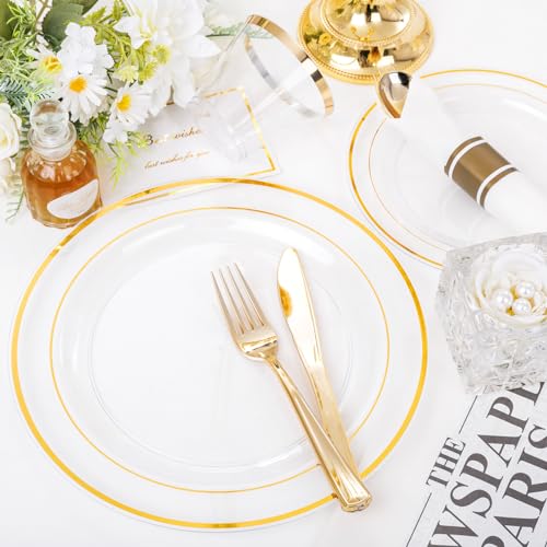 WELLIFE 350PCS Clear-Gold Plastic Plates - 100 Disposable Plates, 150Plastic Silverware, 50 Cups, 50 Napkins for Wedding & Party - color: Clear and Gold, style: 350PCS（50 Guests）