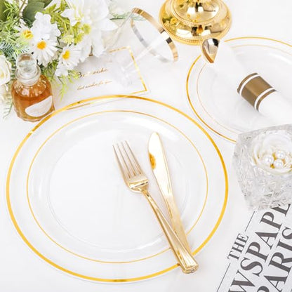 WELLIFE 350PCS Clear-Gold Plastic Plates - 100 Disposable Plates, 150Plastic Silverware, 50 Cups, 50 Napkins for Wedding & Party - color: Clear and Gold, style: 350PCS（50 Guests）
