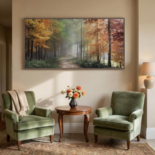 Framed Misty Forest Fall Landscape Wall Art for Living Room, 60x30 Inch - color: Green Orange