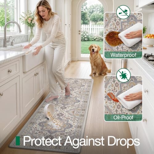 LUMI Kitchen Floor Mat Cushioned Anti Fatigue Runner Rug, 24"x59" - color: Cream & Multi, size: 59"L x 24"W x 0.4"Th