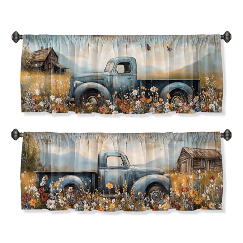 Farmhouse Truck Valance Curtain for Windows 2 Pack Rustic Country Flower Butterfly Rod Pocket Printed Curtain Valances Short Tier Curtains for Living Room Bathroom Bedroom 54x18 Inch - color: Farmhouse Truck