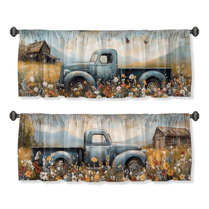 Farmhouse Truck Valance Curtain for Windows 2 Pack Rustic Country Flower Butterfly Rod Pocket Printed Curtain Valances Short Tier Curtains for Living Room Bathroom Bedroom 54x18 Inch - color: Farmhouse Truck