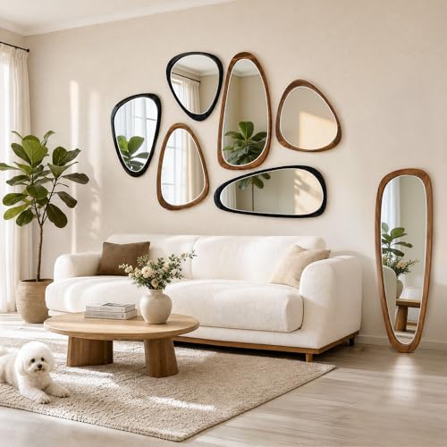 30" x 20" Asymmetrical Mirror, Solid Wood Frame, Irregular Design - color: Brown, size: 30"L x 20"W
