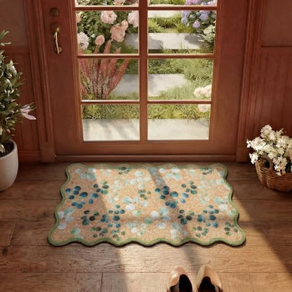 Dunzy Eucalyptus Leaves Doormat Green Scalloped Welcome Mat for Front Door - style: Eucalyptus Leaves