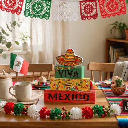 Smile Mexican Independence Day Wooden Block Decor Set Viva Mexico Sombrero Tiered Tray Tabletop Signs for Home and Party Decor - style: Mexico