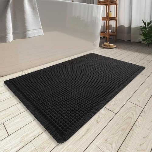 Upgraded Waffle Bath Mat Ultra Absorbent Non Slip Bathroom Mat, 17" x 24" - color: Black, size: 17" x 24"