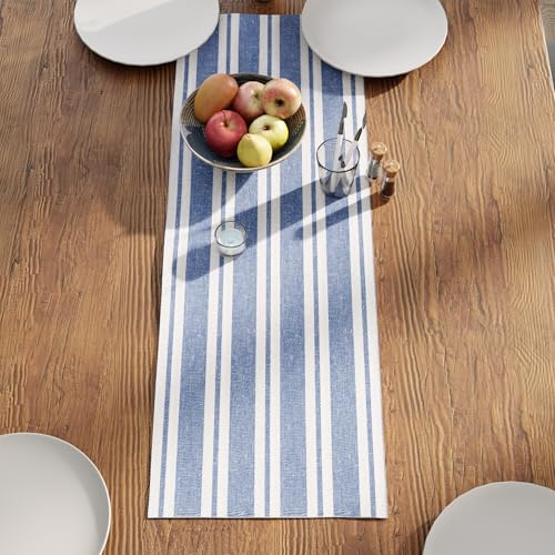 Encasa XO Table Runner, Woven Cotton Dining Linens 13"x36" Blue - color: Franca Blue Stripes, size: 13x36 in