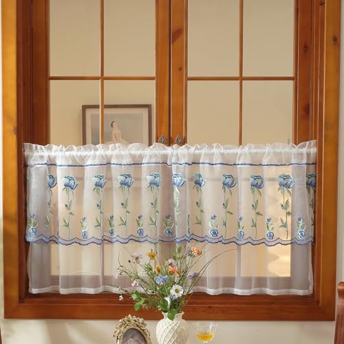 2 Panels Blue Rose Kitchen Tier Curtains 24 Inch Length, Double-Layered Lace Floral Embroidered Small Cafe Curtain, Light Filtering Short Curtains for Living Room Bathroom(Blue,39"x24") - color: Blue, size: 39"W x 24"L (Pack of 2)