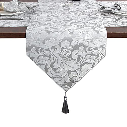 EHouseHome Jacquard Damask Reversible Silver Grey Table Runners with Tassels 13 x 72 inch Wrinkle and Water Resistant Spill-Proof Decorative Dining and Wedding Runners - color: Silver Grey With Tassels