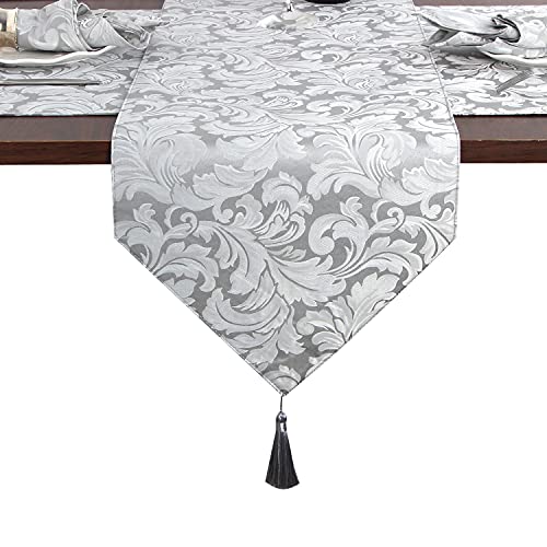 EHouseHome Jacquard Damask Reversible Silver Grey Table Runners with Tassels 13 x 72 inch Wrinkle and Water Resistant Spill-Proof Decorative Dining and Wedding Runners - color: Silver Grey With Tassels