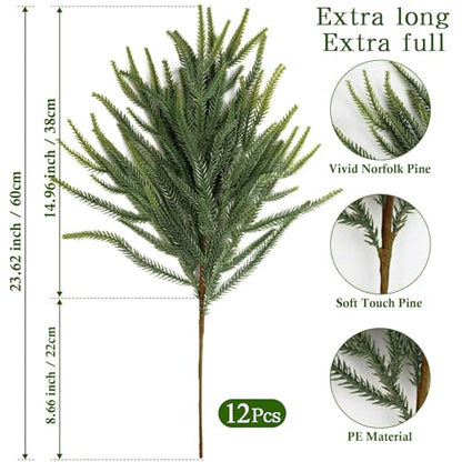 12Pcs Christmas Norfolk Pine Stems, 24'' Real Touch Branches Greenery Picks - color: Green