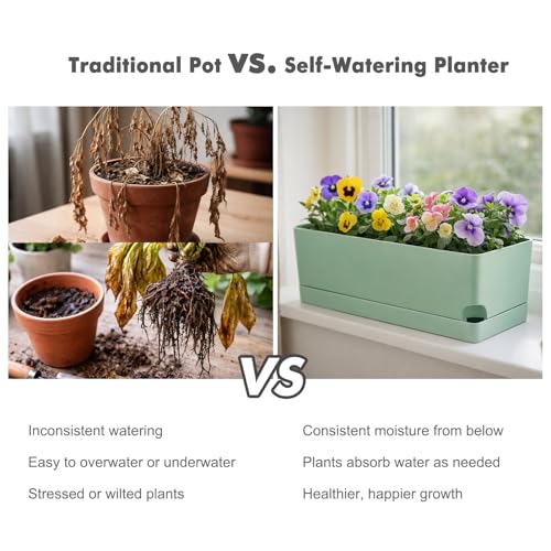Party Zealot Window Boxes Planters, 5 Pack Self Watering Pots for Indoor Plants 17 Inch Rectangular Planter Rectangle Flower Pots Long Plant Pot Large Window Sill Herb Planter Box, Green - color: Green
