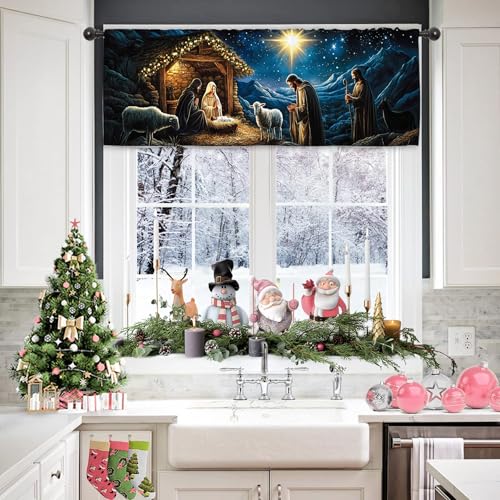 Miyotaa Christmas Holy Kitchen Curtain Valance 54W x 18H Rod Pocket Winter Night Xmas Holiday Religious Christian Window Treatment for Living Room Bedroom Bathroom - color: Blue Night, size: 54"W x 18"L (Pack of 1)