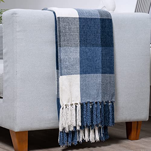 RECYCO Buffalo Plaid Chenille Throw Blanket, 50"x60", Navy Off White - color: Plaid Navy Off White, size: 50'' X 60''