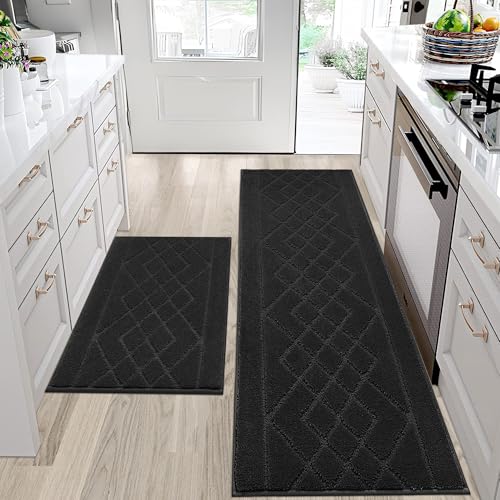 BEQHAUSE Kitchen Rugs Set of 2 Non Slip Runner, 20"x30"+20"x48", Black - color: Black, size: 20" X 30" + 20" X 48"