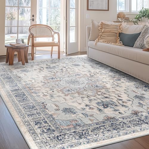 BESTSWEETIE Washable Boho 5x7 Area Rug, No Pile for Living Room, Beige Blue - color: Beige/Blue, size: 7' x 5'3" (Rectangular)