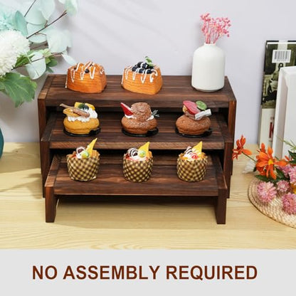 3-Tier Wooden Cupcake Stand & Display Risers, for Food Desserts & More, Sturdy & Reusable - color: Brown