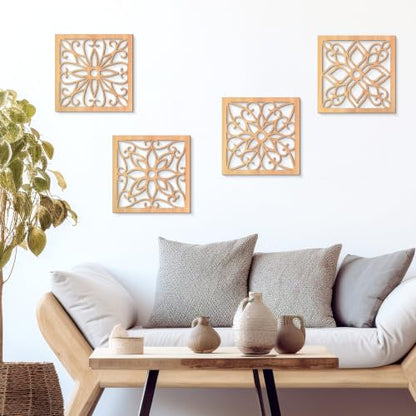 KOYILTD 4 Pcs Thicken Wooden Wall Art Rustic Farmhouse Flower Wall Art - color: Square, size: 8.2in