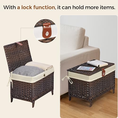 Wicker Storage Basket with Lid, 65L Shelf Basket with Removable Liner Bag - color: Brown, size: 65L