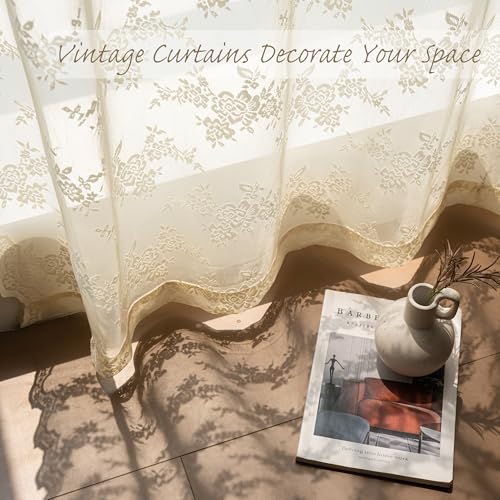 MEETSKY Lace Sheer Curtains 96 Inch Length Cream Floral Sheer Curtain - color: Light Yellow, size: 50"W x 96"L (Pack of 2)