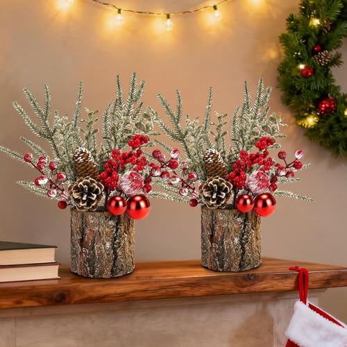 Small Christmas Table Centerpiece with Pinecones & Red Berries, Rustic Farmhouse Christmas Centerpieces for Coffee Bar, Mantel, Kitchen Island, Window Sill & Entryway Table Holiday Decor (2pcs