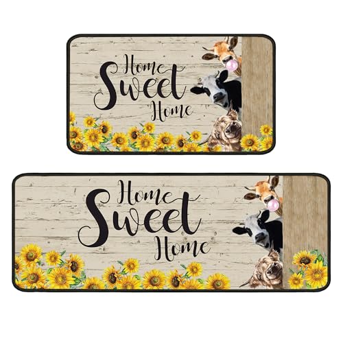 Cow Sunflower Kitchen Rug for Floor 2 Piece Sets, Home Sweet Home Kitchen Rugs, Cow Kitchen Mats in Front of Sink and Sunflower Kitchen Mat for Standing for Kitchen Decor 17"X30"+17"X47" - color: Cow Sunflower Kitchen Mat