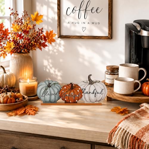 Smile Pumpkin Tiered Tray Sign Blessed Grateful Thankful Thanksgiving Wood - style: Thankful