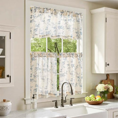 jinchan Blue Linen Floral Kitchen Tier Curtains and Valance Set 3 Pieces - color: Alisa | Blue on Linen, size: 26"W x 24"L (Pack of 3)
