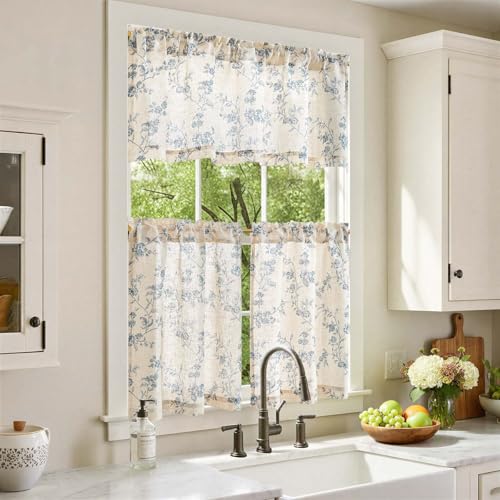 jinchan Blue Linen Floral Kitchen Tier Curtains and Valance Set 3 Pieces - color: Alisa | Blue on Linen, size: 26"W x 24"L (Pack of 3)